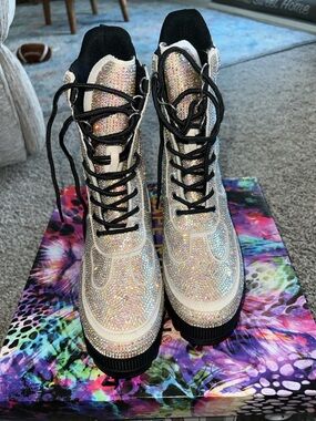 Cape Robbin Iridescent Rhinestone Lace-Up Combat Boots - Black Accents